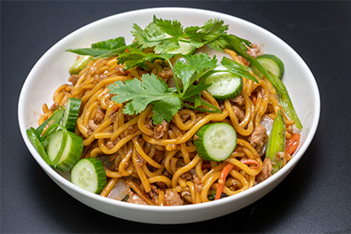 Pork Lo Mein prepared for Asian food delivery near Barclay-Kingston, Cherry Hill, New Jersey.