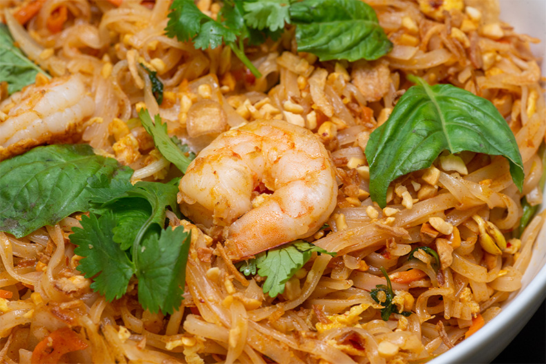 Close up view of our Barclay-Kingston, Cherry Hill Shrimp Pad Thai.