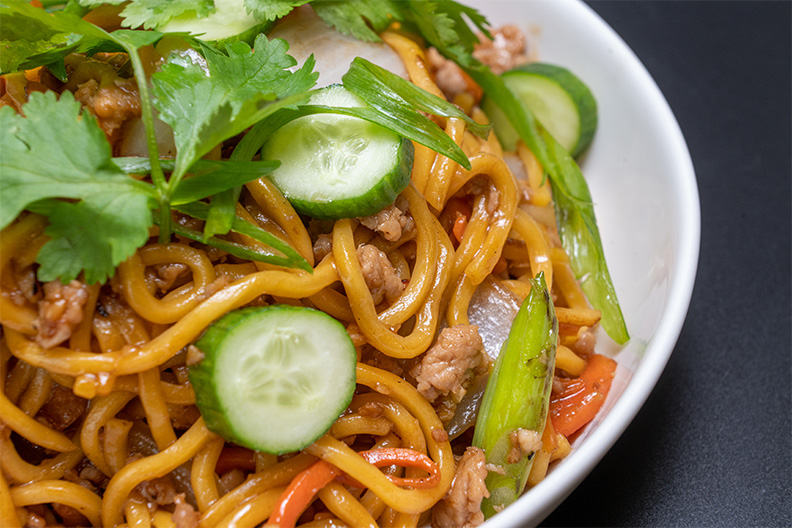 Close up view of Pork Lo Mein from our Barclay-Kingston, Cherry Hill noodle restaurant.