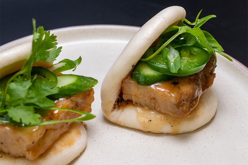 Pork Belly Bao Buns, an appetizer frequently served with our Pad Thai near Collingswood, New Jersey.
